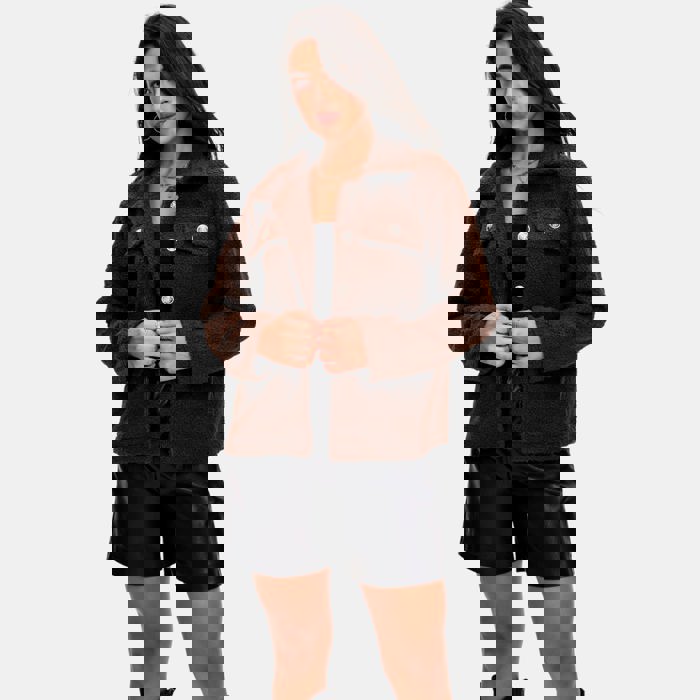 Textured Fleece Button Front Jacket with Soft Cozy Feel Collared Neckline Front Patch Pockets Relaxed Easy Fit and Stylish Everyday Layering