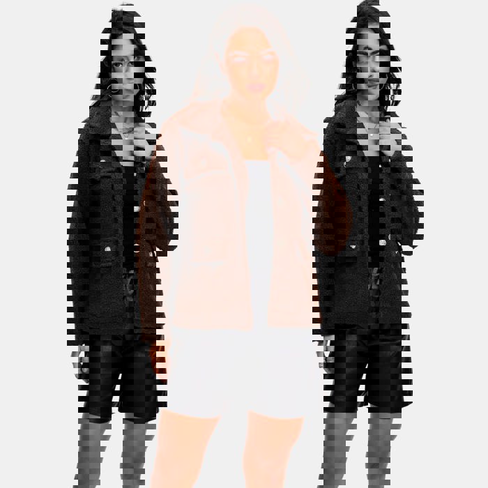 Textured Fleece Button Front Jacket with Soft Cozy Feel Collared Neckline Front Patch Pockets Relaxed Easy Fit and Stylish Everyday Layering