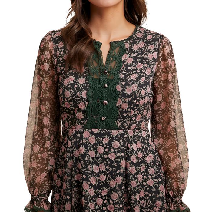 Long Sleeve Floral Mini Dress with Soft Lightweight Chiffon Smocked Waist Flowy Silhouette Contrast Lace Trim V Neckline