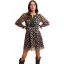 Large Long Sleeve Floral Mini Dress with Soft Lightweight Chiffon Smocked Waist Flowy Silhouette Contrast Lace Trim V Neckline