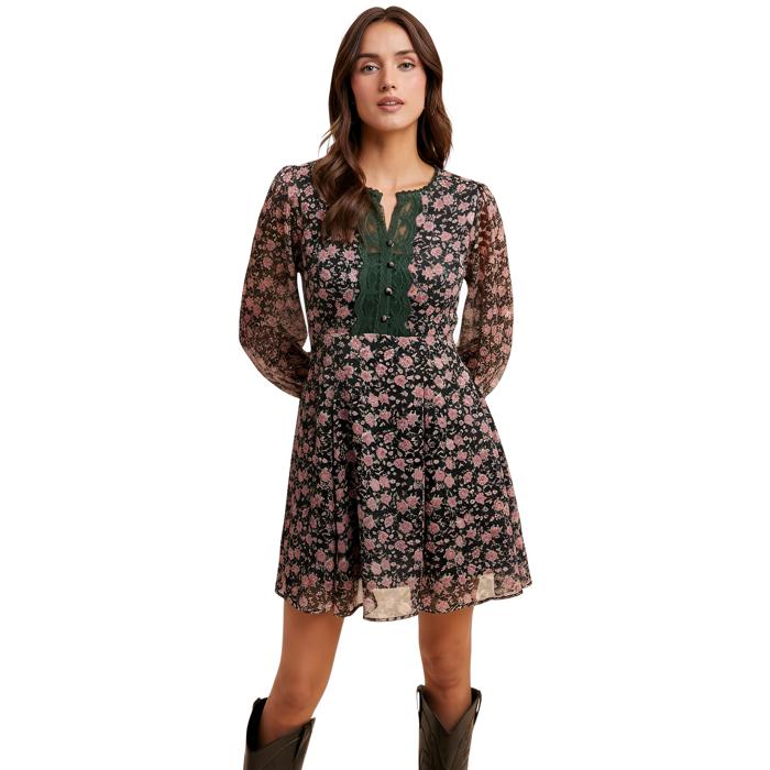 Long Sleeve Floral Mini Dress with Soft Lightweight Chiffon Smocked Waist Flowy Silhouette Contrast Lace Trim V Neckline