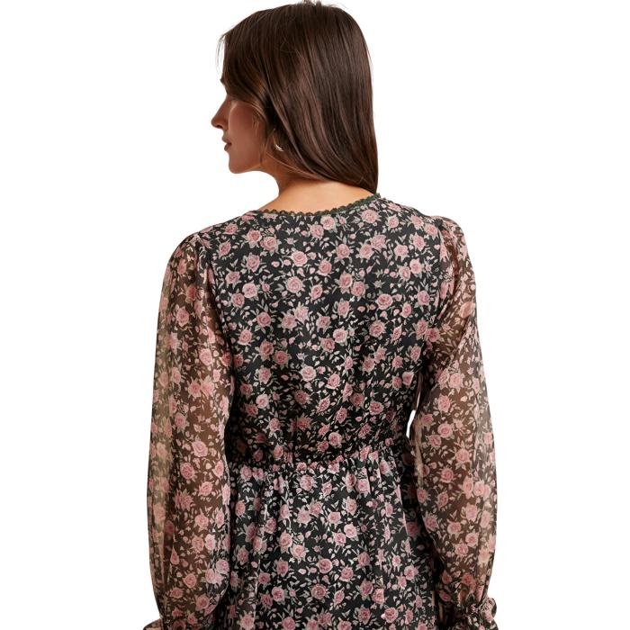 Long Sleeve Floral Mini Dress with Soft Lightweight Chiffon Smocked Waist Flowy Silhouette Contrast Lace Trim V Neckline