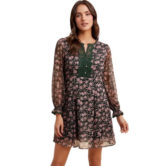 Long Sleeve Floral Mini Dress with Soft Lightweight Chiffon Smocked Waist Flowy Silhouette Contrast Lace Trim V Neckline