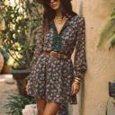 Small Long Sleeve Floral Mini Dress with Soft Lightweight Chiffon Smocked Waist Flowy Silhouette Contrast Lace Trim V Neckline