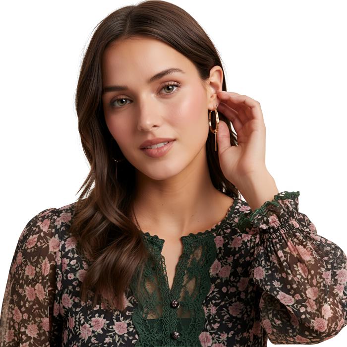 Long Sleeve Floral Mini Dress with Soft Lightweight Chiffon Smocked Waist Flowy Silhouette Contrast Lace Trim V Neckline