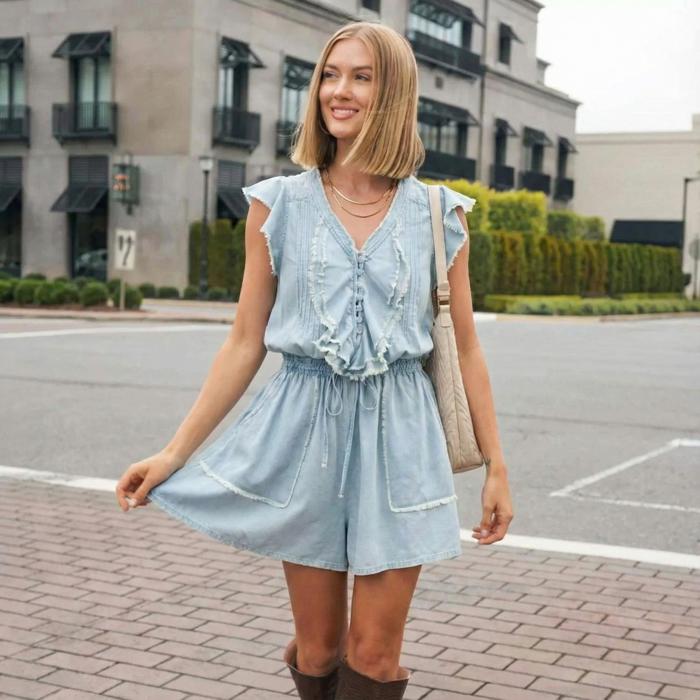 Ruffle Trim Sleeveless Romper with Soft Lightweight Feel Elastic Drawstring Waist Delicate Front Ruffle Detail