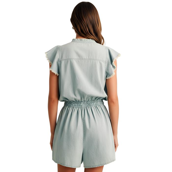 Ruffle Trim Sleeveless Romper with Soft Lightweight Feel Elastic Drawstring Waist Delicate Front Ruffle Detail