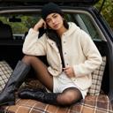 Large Cozy Hooded Fleece Jacket with Soft Warm Texture Relaxed Fit Snap Front Closure Contrast Trim Detailing Everyday Casual Layering Style