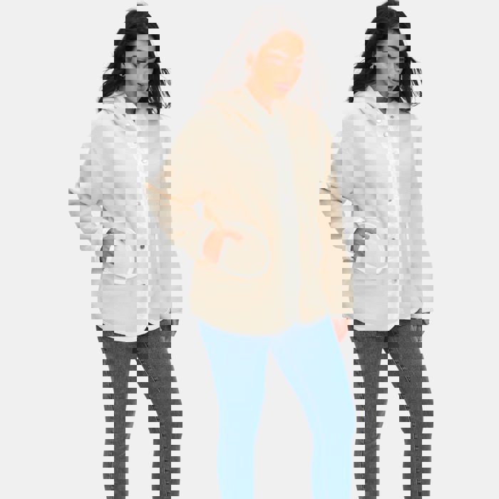 Cozy Hooded Fleece Jacket with Soft Warm Texture Relaxed Fit Snap Front Closure Contrast Trim Detailing Everyday Casual Layering Style