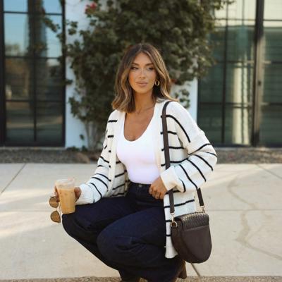 Cozy Open Front Striped Knit Cardigan with Relaxed Long Sleeves Soft Textured Fabric Comfortable Slouchy Fit Classic Stripe Pattern