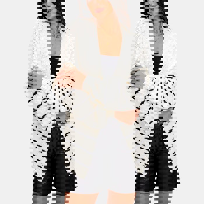 Cozy Open Front Striped Knit Cardigan with Relaxed Long Sleeves Soft Textured Fabric Comfortable Slouchy Fit Classic Stripe Pattern