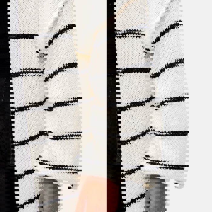 Cozy Open Front Striped Knit Cardigan with Relaxed Long Sleeves Soft Textured Fabric Comfortable Slouchy Fit Classic Stripe Pattern