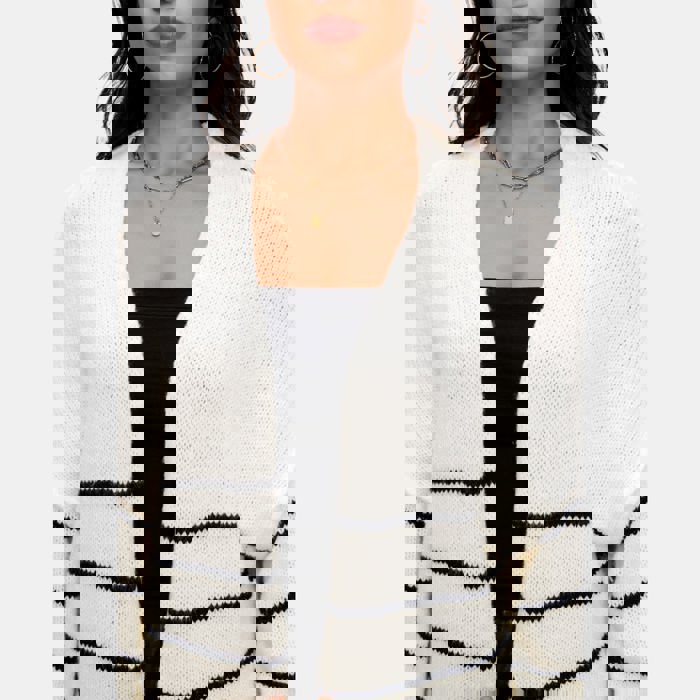 Cozy Open Front Striped Knit Cardigan with Relaxed Long Sleeves Soft Textured Fabric Comfortable Slouchy Fit Classic Stripe Pattern