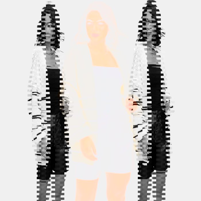 Cozy Open Front Striped Knit Cardigan with Relaxed Long Sleeves Soft Textured Fabric Comfortable Slouchy Fit Classic Stripe Pattern