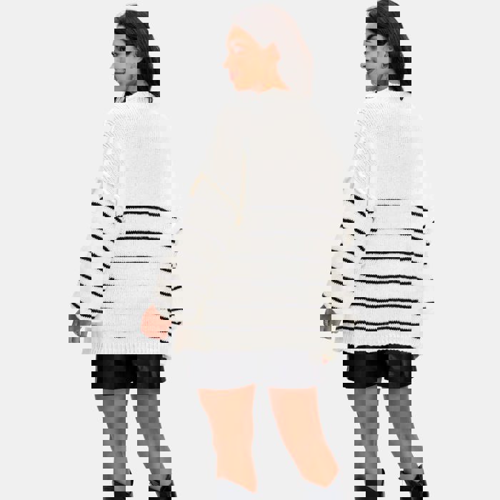 Cozy Open Front Striped Knit Cardigan with Relaxed Long Sleeves Soft Textured Fabric Comfortable Slouchy Fit Classic Stripe Pattern