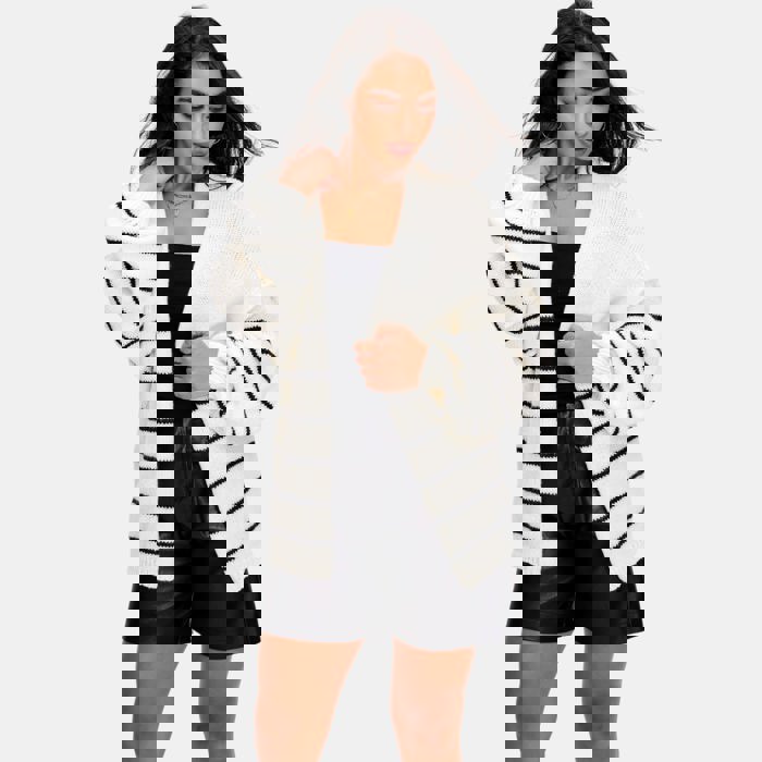 Cozy Open Front Striped Knit Cardigan with Relaxed Long Sleeves Soft Textured Fabric Comfortable Slouchy Fit Classic Stripe Pattern