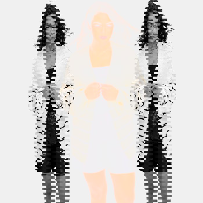 Cozy Open Front Striped Knit Cardigan with Relaxed Long Sleeves Soft Textured Fabric Comfortable Slouchy Fit Classic Stripe Pattern