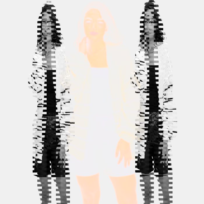 Cozy Open Front Striped Knit Cardigan with Relaxed Long Sleeves Soft Textured Fabric Comfortable Slouchy Fit Classic Stripe Pattern