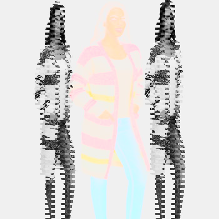 Longline Striped Knit Cardigan with Soft Cozy Texture Relaxed Open Front Design Comfortable Long Sleeves Bold Multi Stripe Pattern