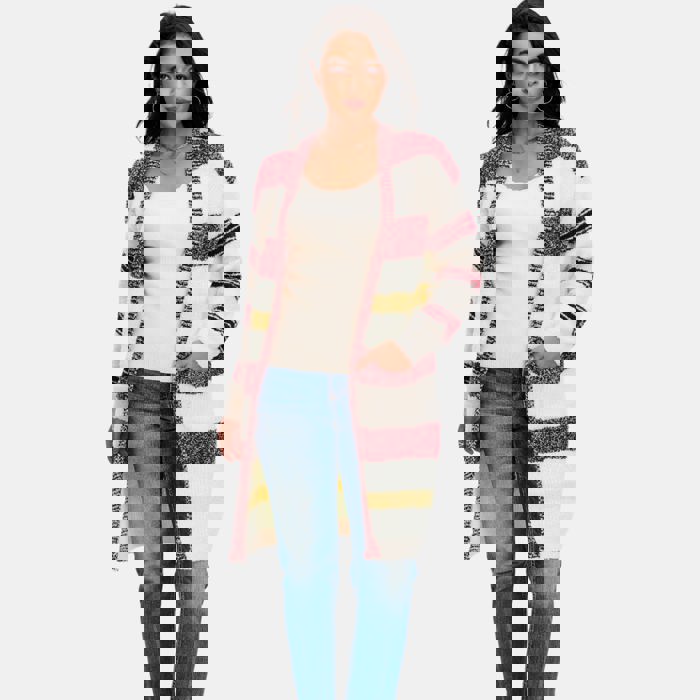 Longline Striped Knit Cardigan with Soft Cozy Texture Relaxed Open Front Design Comfortable Long Sleeves Bold Multi Stripe Pattern