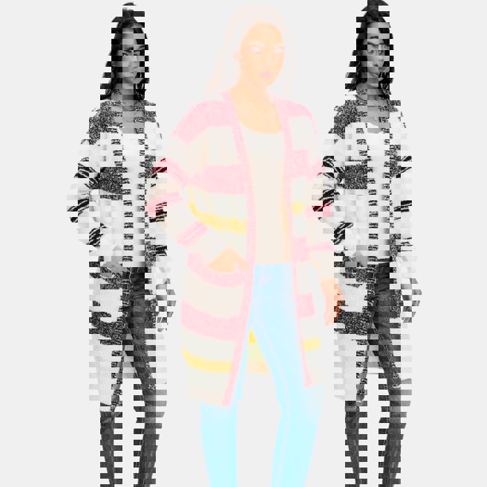 Longline Striped Knit Cardigan with Soft Cozy Texture Relaxed Open Front Design Comfortable Long Sleeves Bold Multi Stripe Pattern