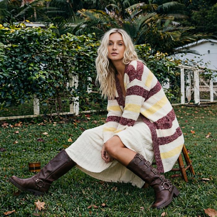 Longline Striped Knit Cardigan with Soft Cozy Texture Relaxed Open Front Design Comfortable Long Sleeves Bold Multi Stripe Pattern