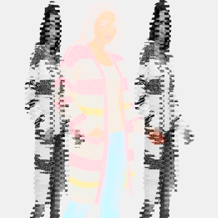 Longline Striped Knit Cardigan with Soft Cozy Texture Relaxed Open Front Design Comfortable Long Sleeves Bold Multi Stripe Pattern