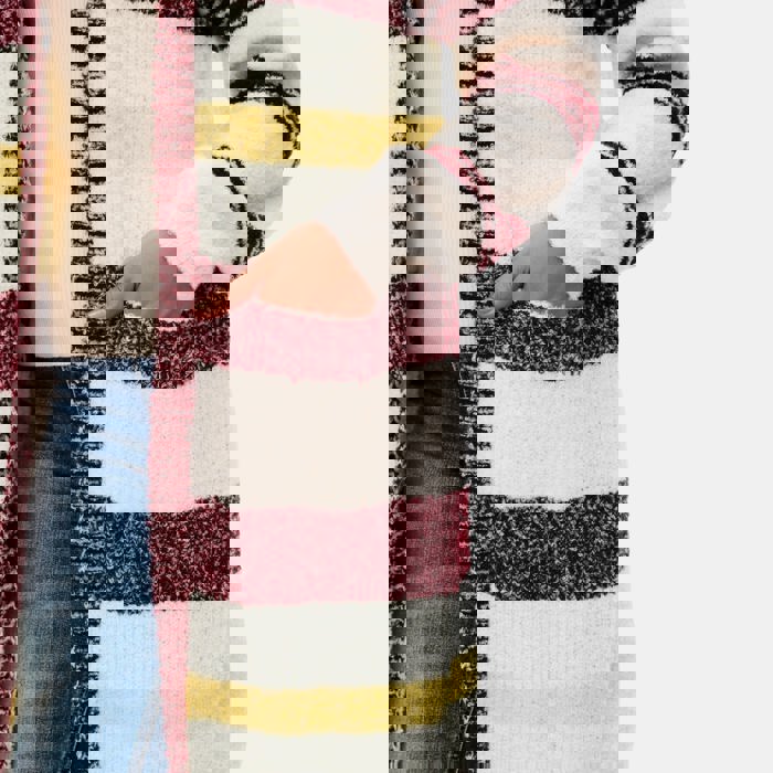 Longline Striped Knit Cardigan with Soft Cozy Texture Relaxed Open Front Design Comfortable Long Sleeves Bold Multi Stripe Pattern