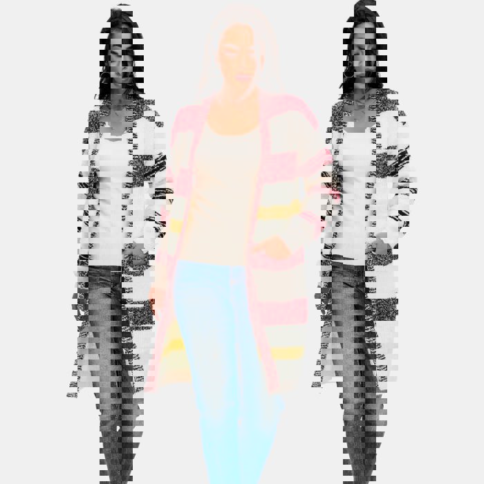 Longline Striped Knit Cardigan with Soft Cozy Texture Relaxed Open Front Design Comfortable Long Sleeves Bold Multi Stripe Pattern