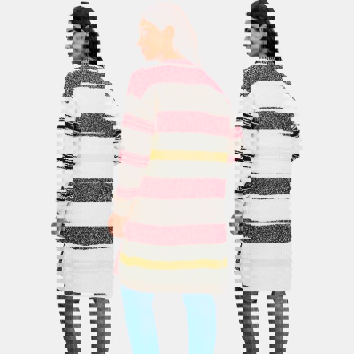 Longline Striped Knit Cardigan with Soft Cozy Texture Relaxed Open Front Design Comfortable Long Sleeves Bold Multi Stripe Pattern
