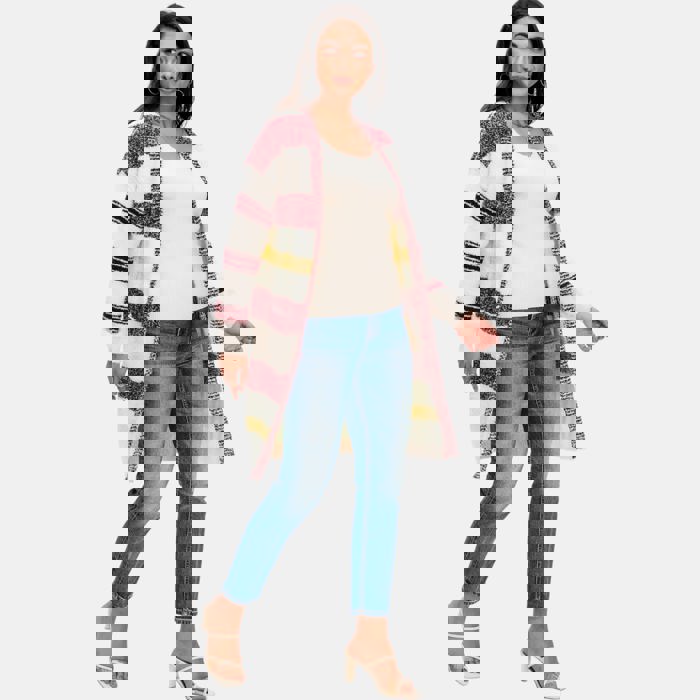 Longline Striped Knit Cardigan with Soft Cozy Texture Relaxed Open Front Design Comfortable Long Sleeves Bold Multi Stripe Pattern