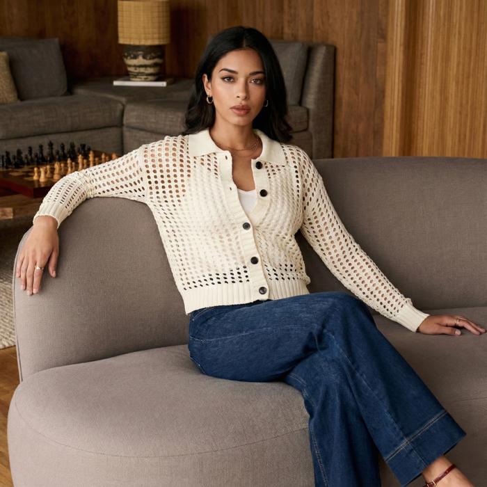 Open Weave Button Front Knit Cardigan with Pointed Collar Stylish Textured Design Lightweight Breathable Feel Long Sleeve Silhouette and Chic Layering Piece for Casual to Dressy Everyday Outfits