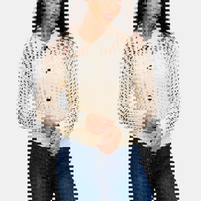 Open Weave Button Front Knit Cardigan with Pointed Collar Stylish Textured Design Lightweight Breathable Feel Long Sleeve Silhouette and Chic Layering Piece for Casual to Dressy Everyday Outfits