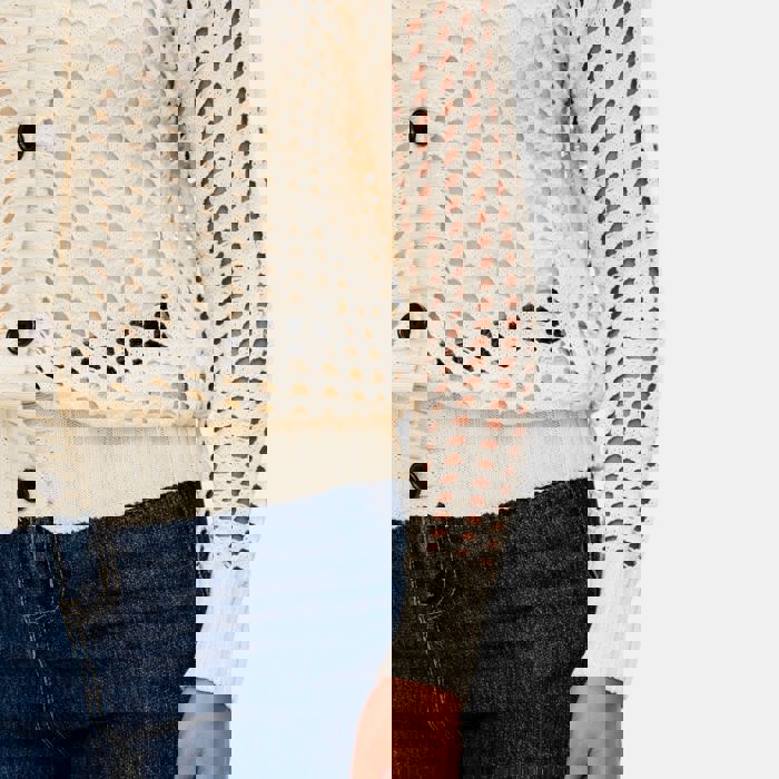 Open Weave Button Front Knit Cardigan with Pointed Collar Stylish Textured Design Lightweight Breathable Feel Long Sleeve Silhouette and Chic Layering Piece for Casual to Dressy Everyday Outfits