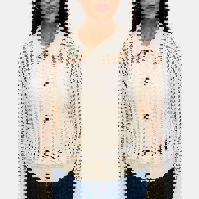 Open Weave Button Front Knit Cardigan with Pointed Collar Stylish Textured Design Lightweight Breathable Feel Long Sleeve Silhouette and Chic Layering Piece for Casual to Dressy Everyday Outfits