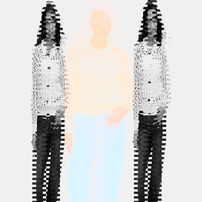 Open Weave Button Front Knit Cardigan with Pointed Collar Stylish Textured Design Lightweight Breathable Feel Long Sleeve Silhouette and Chic Layering Piece for Casual to Dressy Everyday Outfits