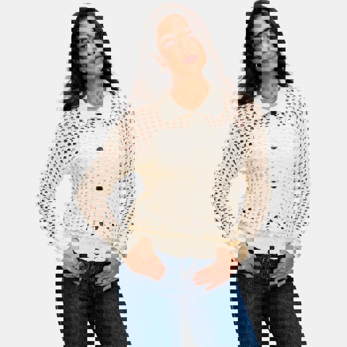 Open Weave Button Front Knit Cardigan with Pointed Collar Stylish Textured Design Lightweight Breathable Feel Long Sleeve Silhouette and Chic Layering Piece for Casual to Dressy Everyday Outfits