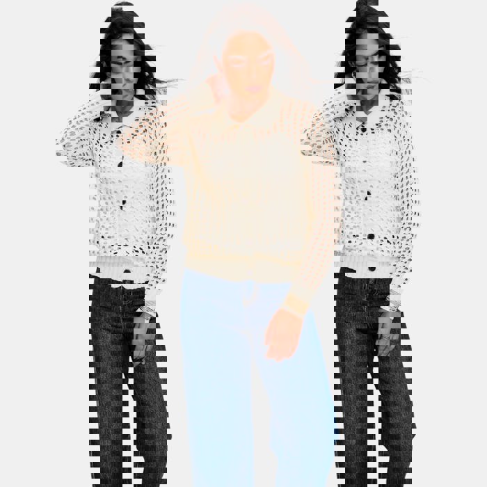 Open Weave Button Front Knit Cardigan with Pointed Collar Stylish Textured Design Lightweight Breathable Feel Long Sleeve Silhouette and Chic Layering Piece for Casual to Dressy Everyday Outfits