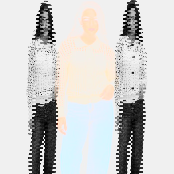 Open Weave Button Front Knit Cardigan with Pointed Collar Stylish Textured Design Lightweight Breathable Feel Long Sleeve Silhouette and Chic Layering Piece for Casual to Dressy Everyday Outfits