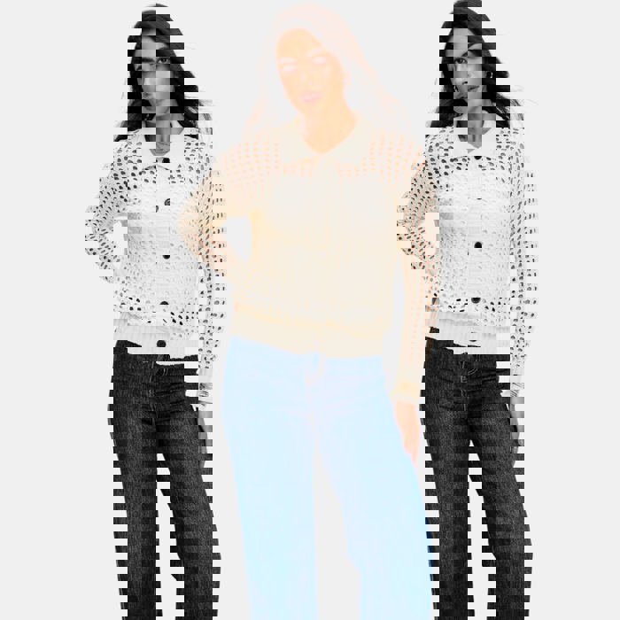 Open Weave Button Front Knit Cardigan with Pointed Collar Stylish Textured Design Lightweight Breathable Feel Long Sleeve Silhouette and Chic Layering Piece for Casual to Dressy Everyday Outfits