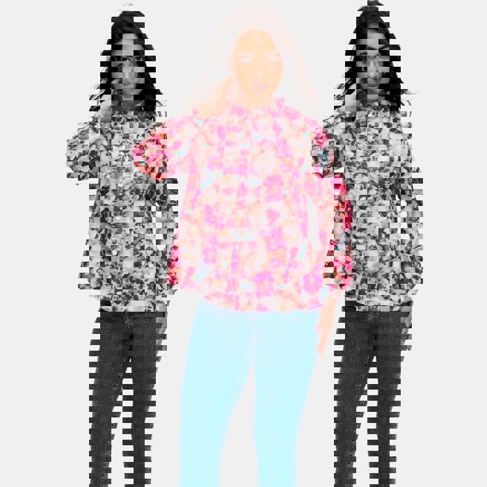 Floral Ruffle Trim Button Front Blouse with Soft Lightweight Fabric Feminine Long Sleeve Silhouette Vibrant Floral Print and Polished Everyday Style Perfect for Work Brunch and Casual Outings