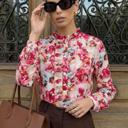 Small Floral Ruffle Trim Button Front Blouse with Soft Lightweight Fabric Feminine Long Sleeve Silhouette Vibrant Floral Print and Polished Everyday Style Perfect for Work Brunch and Casual Outings