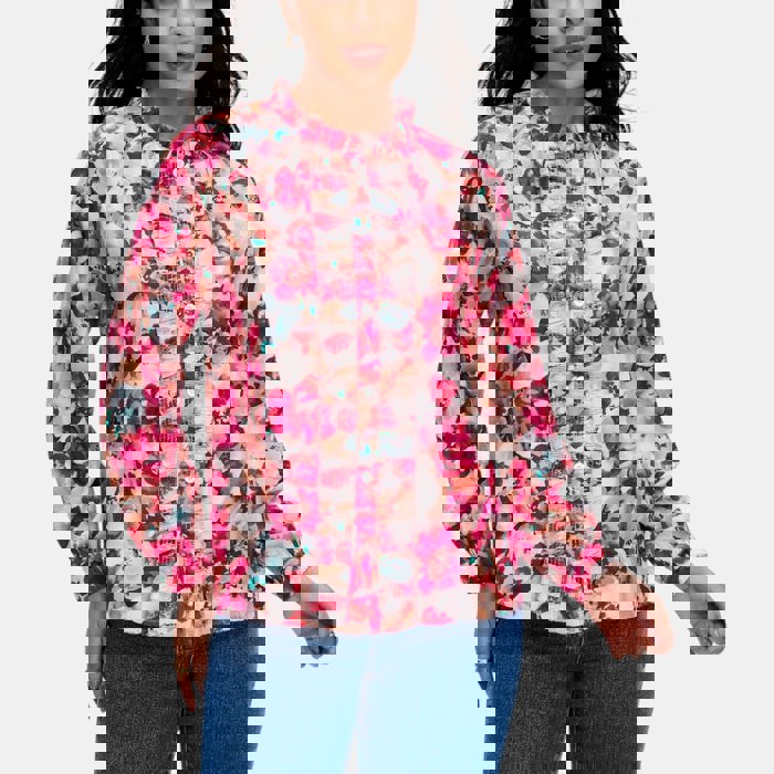 Floral Ruffle Trim Button Front Blouse with Soft Lightweight Fabric Feminine Long Sleeve Silhouette Vibrant Floral Print and Polished Everyday Style Perfect for Work Brunch and Casual Outings