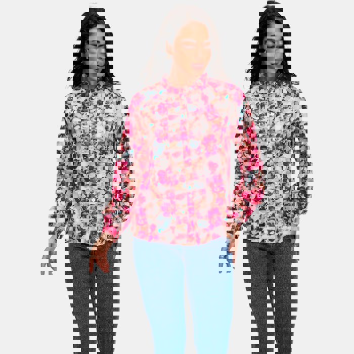 Floral Ruffle Trim Button Front Blouse with Soft Lightweight Fabric Feminine Long Sleeve Silhouette Vibrant Floral Print and Polished Everyday Style Perfect for Work Brunch and Casual Outings