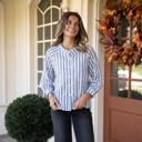  Lightweight Striped Button Front Blouse with Relaxed Fit Soft Breezy Fabric Three Quarter Sleeves Flattering V Notch Neckline and Effortless Everyday Style Perfect for Work Weekends and Travel