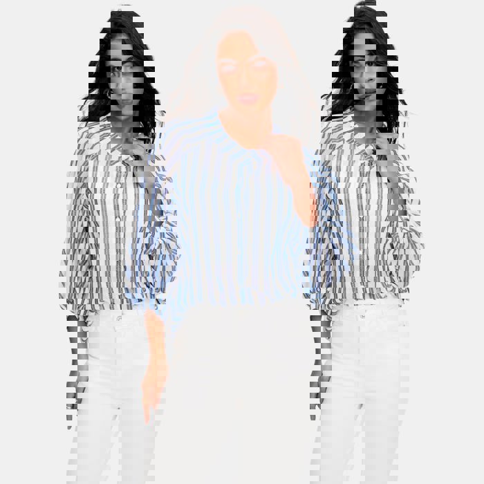 Lightweight Striped Button Front Blouse with Relaxed Fit Soft Breezy Fabric Three Quarter Sleeves Flattering V Notch Neckline and Effortless Everyday Style Perfect for Work Weekends and Travel