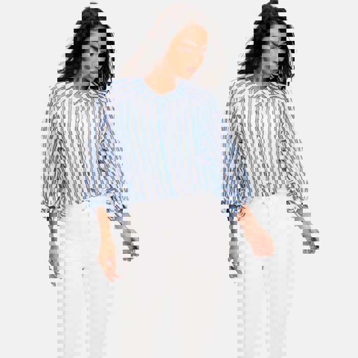 Lightweight Striped Button Front Blouse with Relaxed Fit Soft Breezy Fabric Three Quarter Sleeves Flattering V Notch Neckline and Effortless Everyday Style Perfect for Work Weekends and Travel