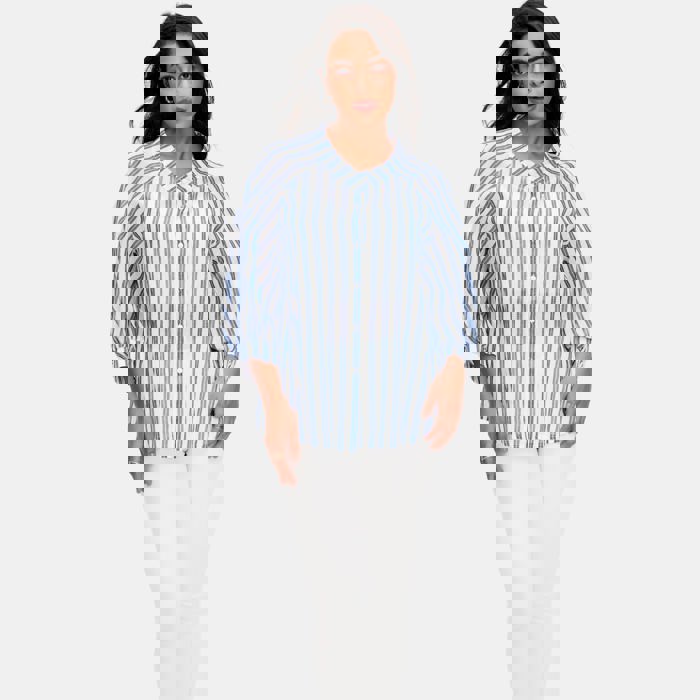 Lightweight Striped Button Front Blouse with Relaxed Fit Soft Breezy Fabric Three Quarter Sleeves Flattering V Notch Neckline and Effortless Everyday Style Perfect for Work Weekends and Travel