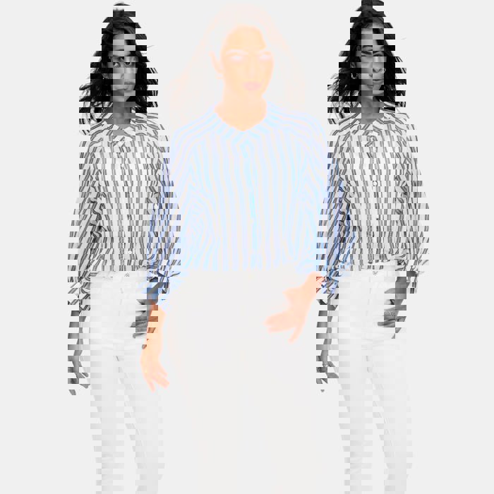 Lightweight Striped Button Front Blouse with Relaxed Fit Soft Breezy Fabric Three Quarter Sleeves Flattering V Notch Neckline and Effortless Everyday Style Perfect for Work Weekends and Travel