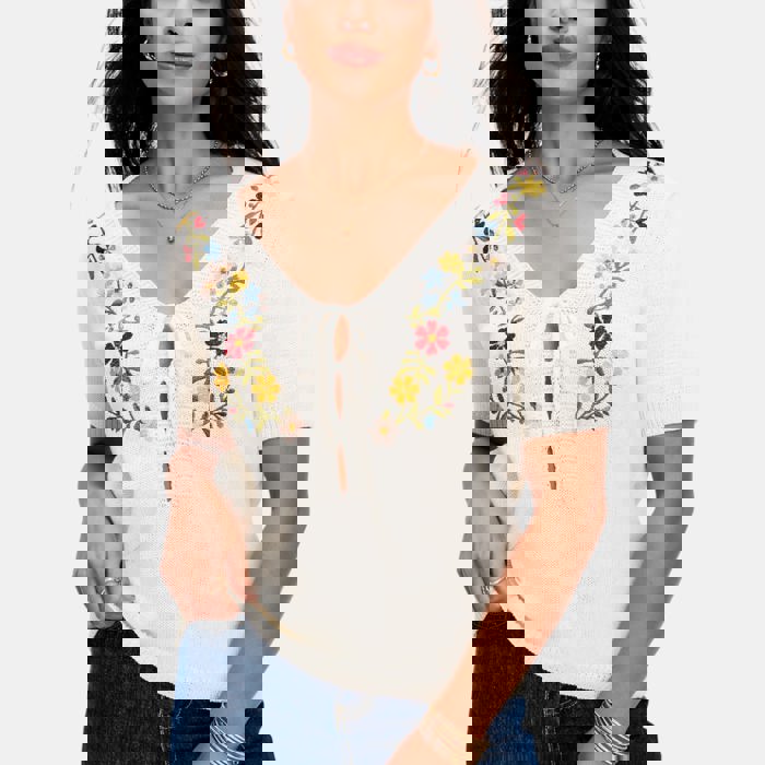 Embroidered Knit Top with Floral Detailing Tie Front V Neckline Soft Lightweight Feel Short Sleeves and Feminine Relaxed Silhouette Perfect for Casual Outings Brunch and Effortless Everyday Style